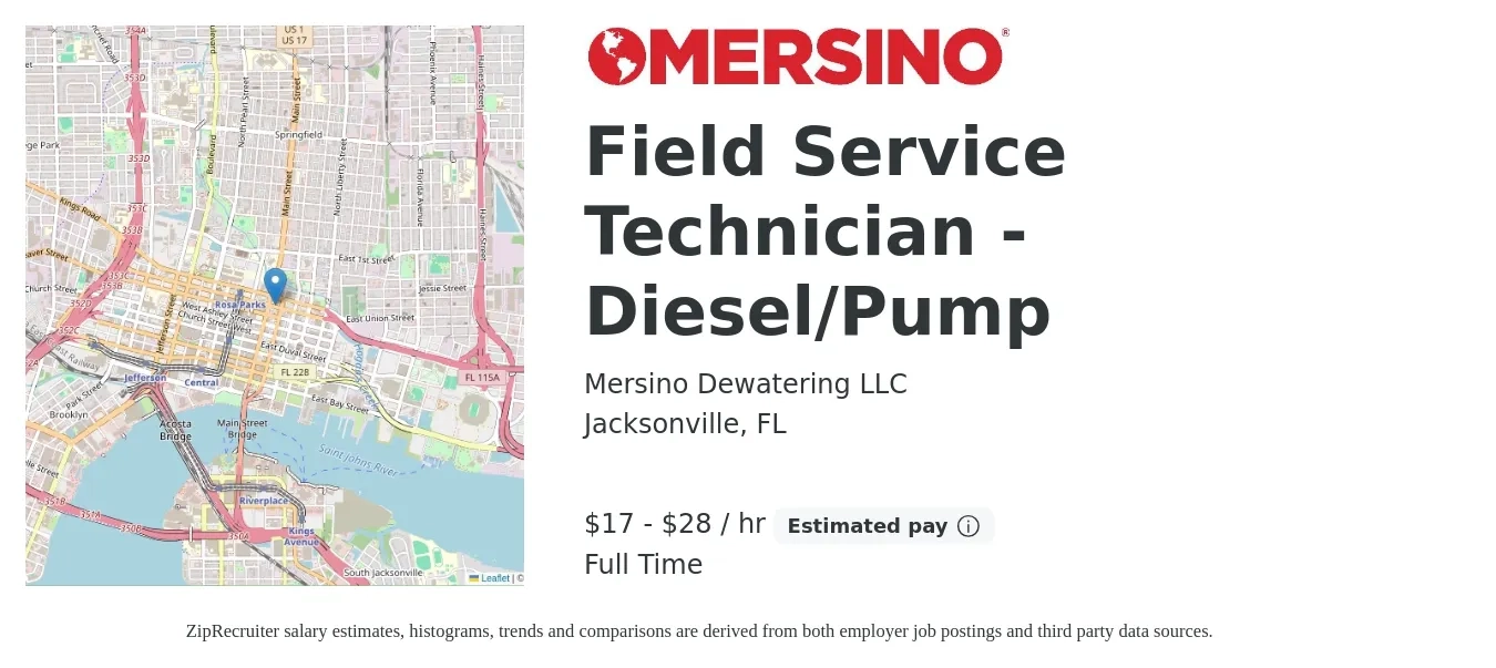 Mersino Dewatering LLC job posting for a Field Service Technician - Diesel/Pump in Jacksonville, FL with a salary of $18 to $28 Hourly with a map of Jacksonville location.