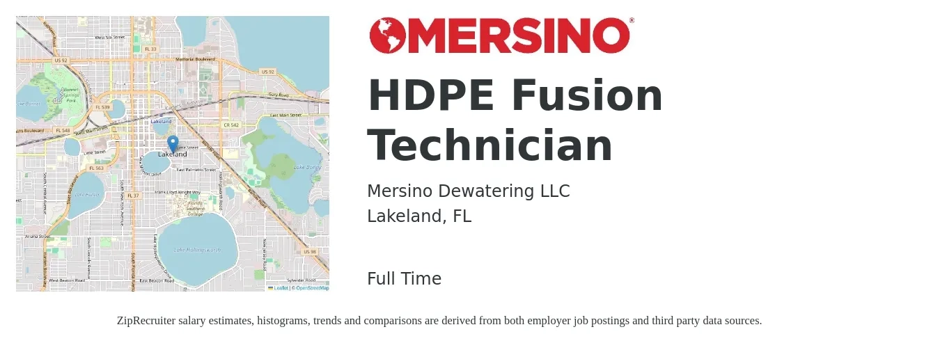 Mersino Dewatering LLC job posting for a HDPE Fusion Technician in Lakeland, FL with a salary of $19 to $27 Hourly with a map of Lakeland location.