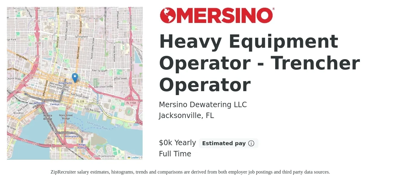 Mersino Dewatering LLC job posting for a Heavy Equipment Operator - Trencher Operator in Jacksonville, FL with a salary of $19 to $32 Yearly with a map of Jacksonville location.