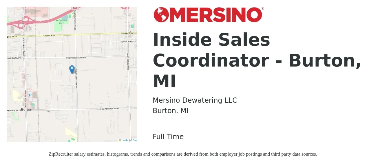 Mersino Dewatering LLC job posting for a Inside Sales Coordinator - Burton, MI in Burton, MI with a salary of $35,500 to $47,900 Yearly with a map of Burton location.