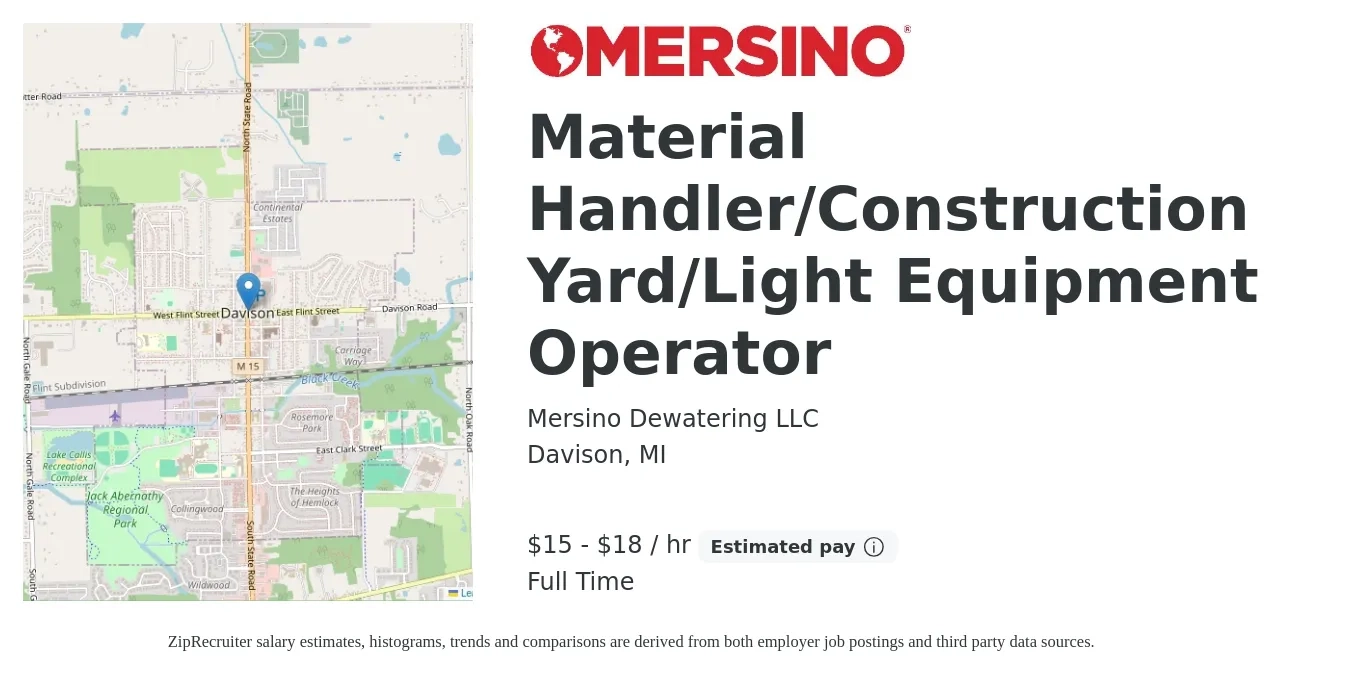 Mersino Dewatering LLC job posting for a Material Handler/Construction Yard/Light Equipment Operator in Davison, MI with a salary of $16 to $19 Hourly with a map of Davison location.