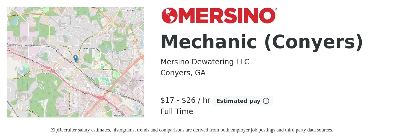 Mersino Dewatering LLC job posting for a Mechanic (Conyers) in Conyers, GA with a salary of $18 to $28 Yearly with a map of Conyers location.