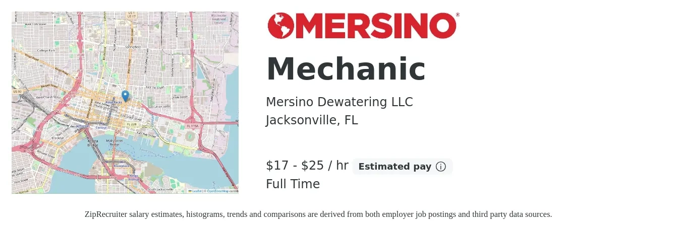 Mersino Dewatering LLC job posting for a Mechanic in Jacksonville, FL with a salary of $19 to $28 Hourly with a map of Jacksonville location.