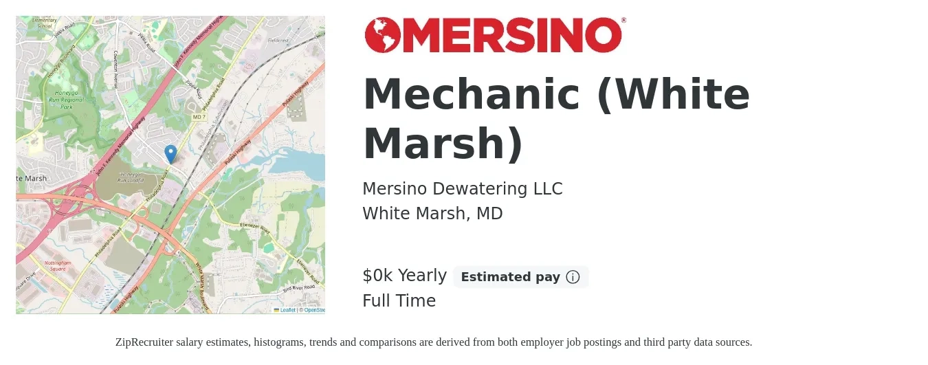 Mersino Dewatering LLC job posting for a Mechanic (White Marsh) in White Marsh, MD with a salary of $19 to $30 Yearly with a map of White Marsh location.