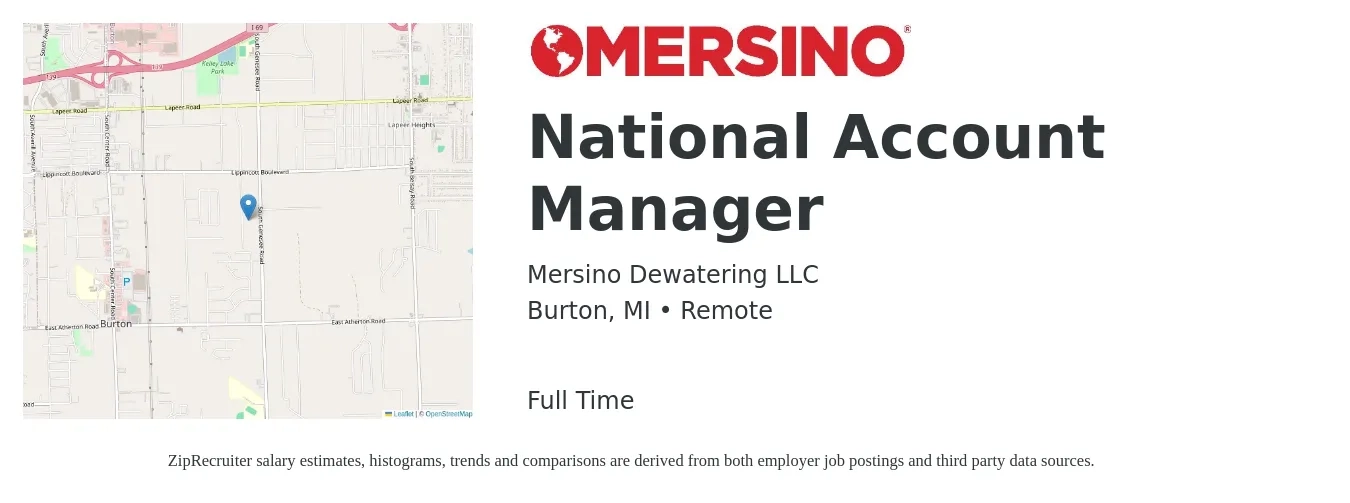 Mersino Dewatering LLC job posting for a National Account Manager in Burton, MI with a salary of $86,100 to $111,000 Yearly with a map of Burton location.
