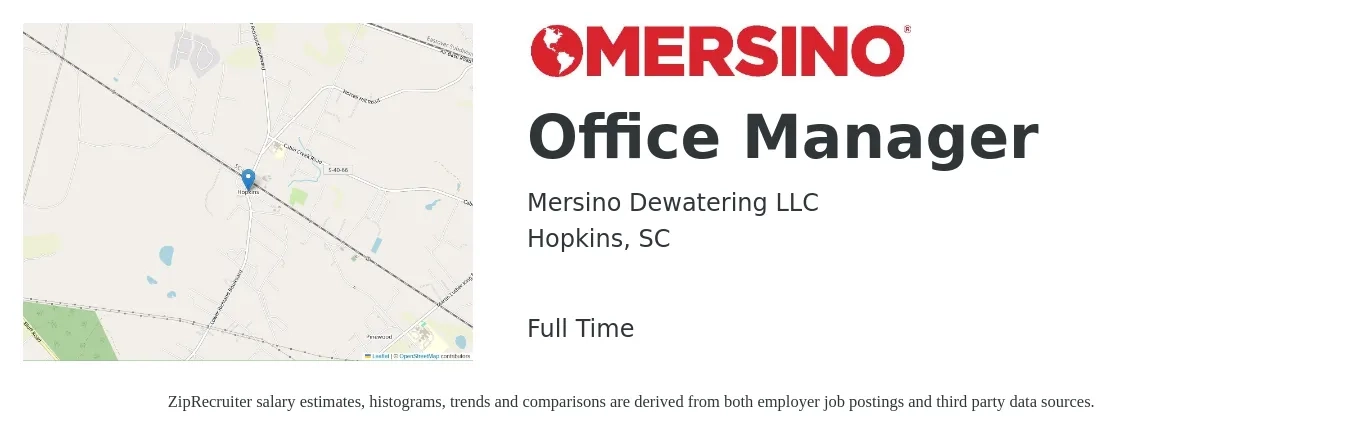 Mersino Dewatering LLC job posting for a Office Manager in Hopkins, SC with a salary of $37,100 to $54,800 Yearly with a map of Hopkins location.