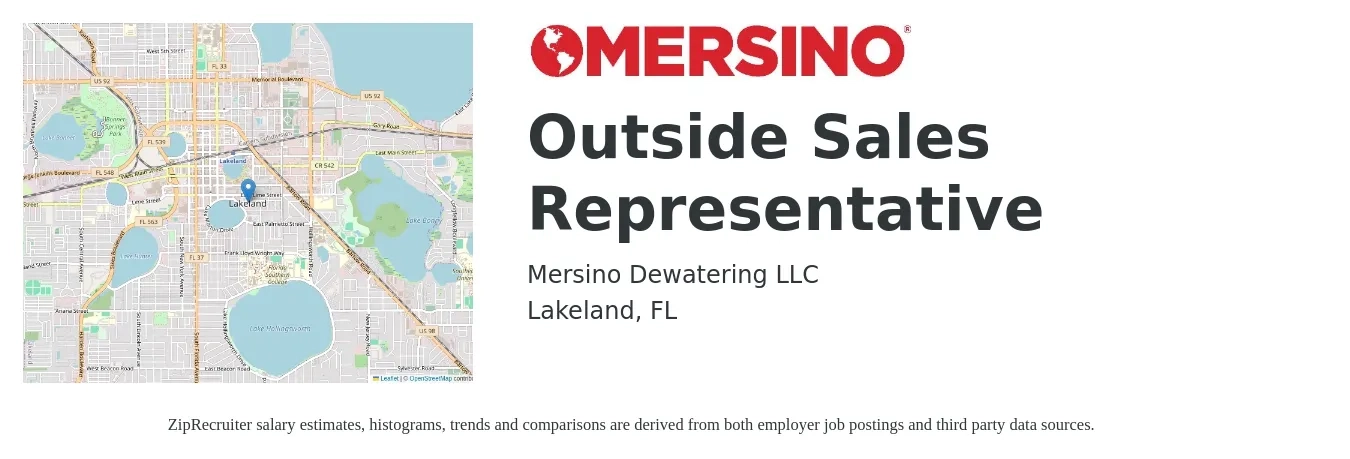 Mersino Dewatering LLC job posting for a Outside Sales Representative in Lakeland, FL with a salary of $48,900 to $83,900 Yearly with a map of Lakeland location.