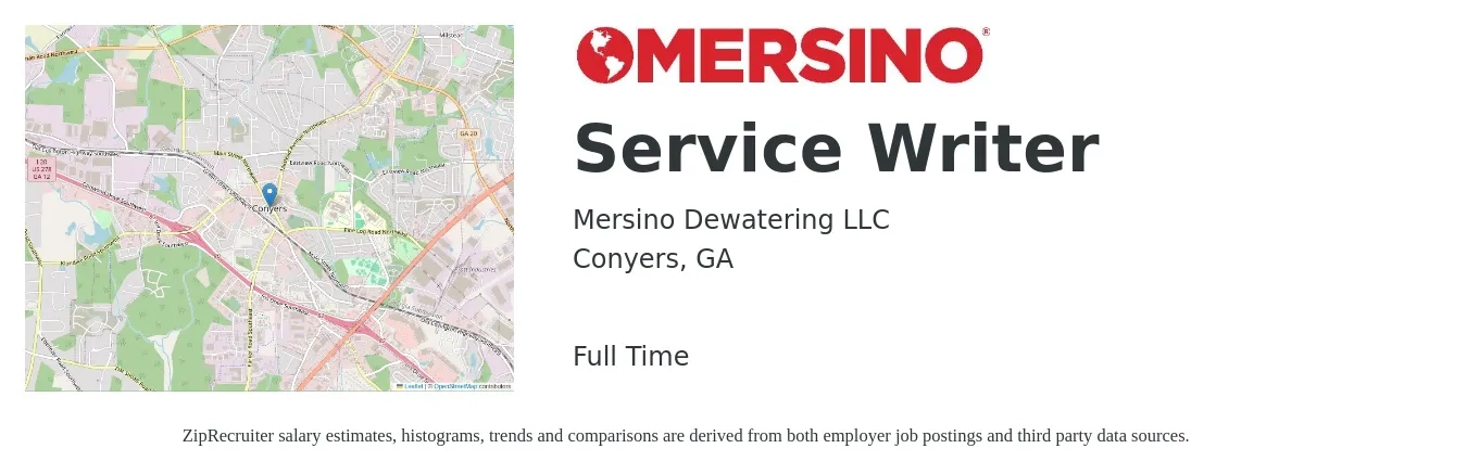 Mersino Dewatering LLC job posting for a Service Writer in Conyers, GA with a salary of $17 to $26 Hourly with a map of Conyers location.
