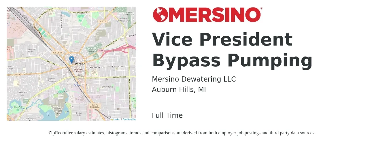 Mersino Dewatering LLC job posting for a Vice President Bypass Pumping in Auburn Hills, MI with a salary of $108,800 to $179,800 Yearly with a map of Auburn Hills location.