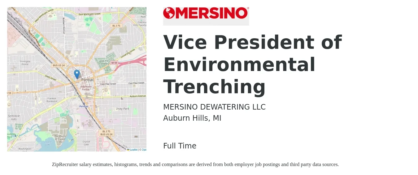 Mersino Dewatering LLC job posting for a Vice President of Environmental Trenching in Auburn Hills, MI with a salary of $108,800 to $179,800 Yearly with a map of Auburn Hills location.