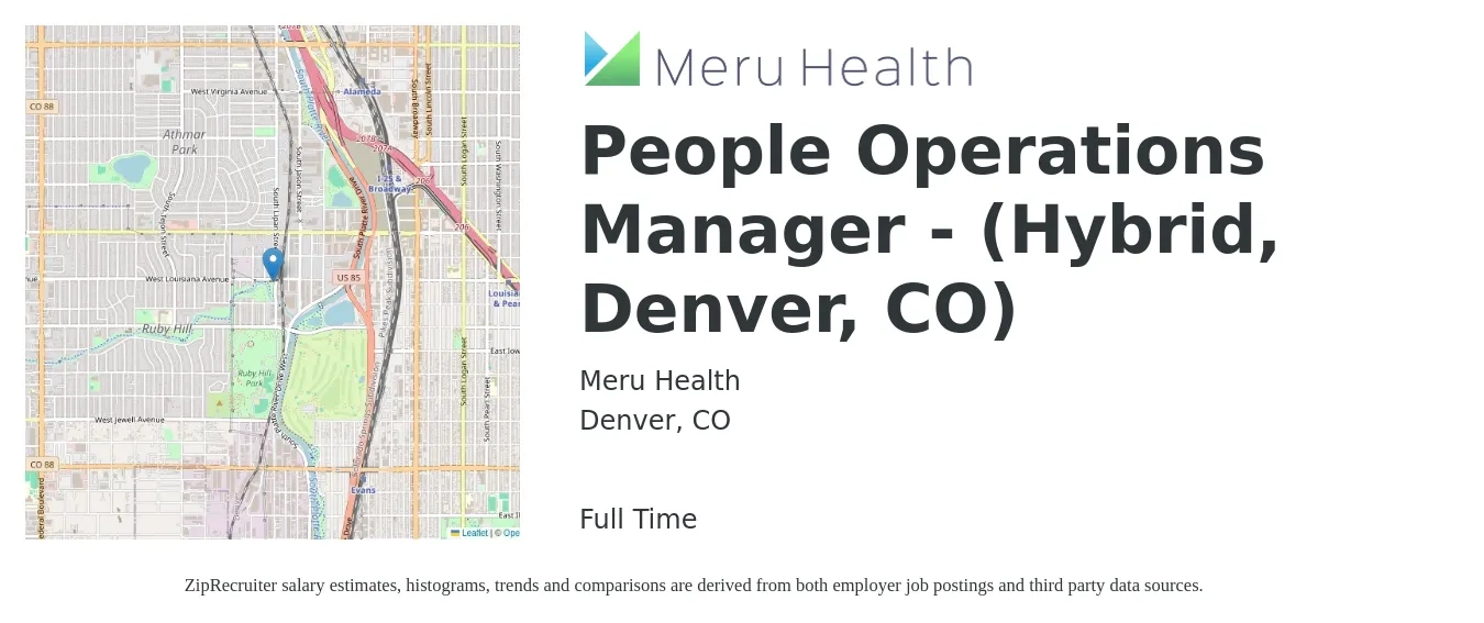 Meru Health job posting for a People Operations Manager - (Hybrid, Denver, CO) in Denver, CO with a salary of $42,200 to $79,800 Yearly with a map of Denver location.