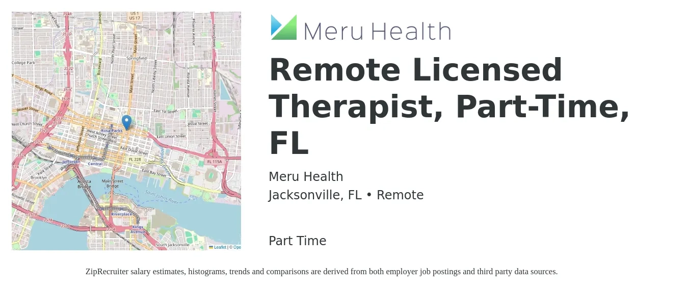 Meru Health job posting for a Remote Licensed Therapist, Part-Time, FL in Jacksonville, FL with a salary of $30 to $46 Hourly with a map of Jacksonville location.