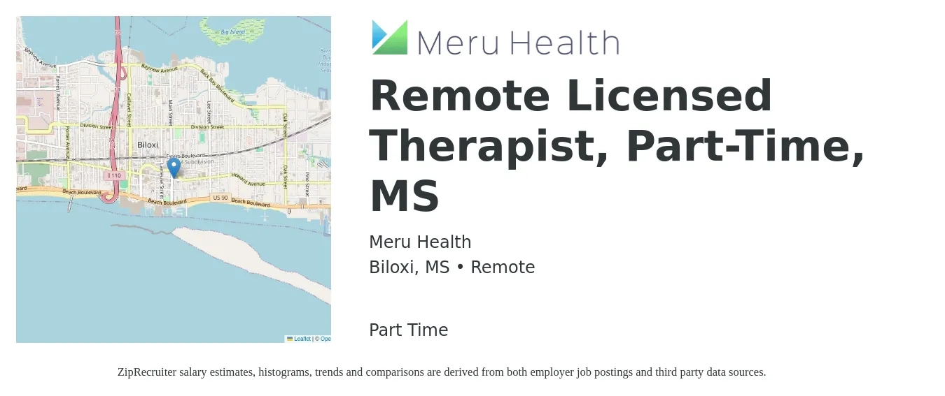 Meru Health job posting for a Remote Licensed Therapist, Part-Time, MS in Biloxi, MS with a salary of $28 to $44 Hourly with a map of Biloxi location.