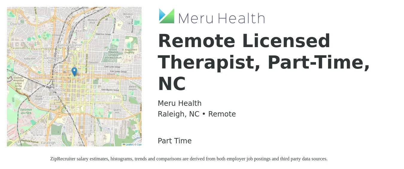 Meru Health job posting for a Remote Licensed Therapist, Part-Time, NC in Raleigh, NC with a salary of $31 to $48 Hourly with a map of Raleigh location.