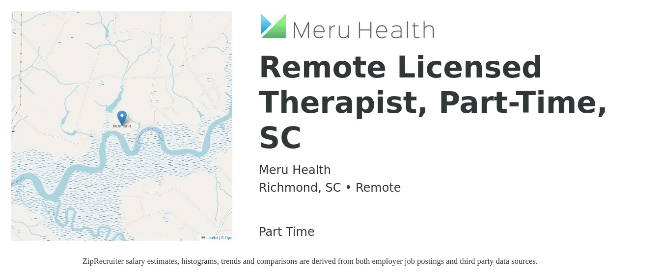Meru Health job posting for a Remote Licensed Therapist, Part-Time, SC in Richmond, SC with a salary of $28 to $44 Hourly with a map of Richmond location.