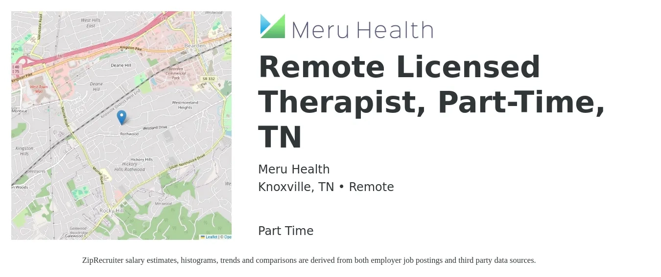 Meru Health job posting for a Remote Licensed Therapist, Part-Time, TN in Knoxville, TN with a salary of $30 to $48 Hourly with a map of Knoxville location.