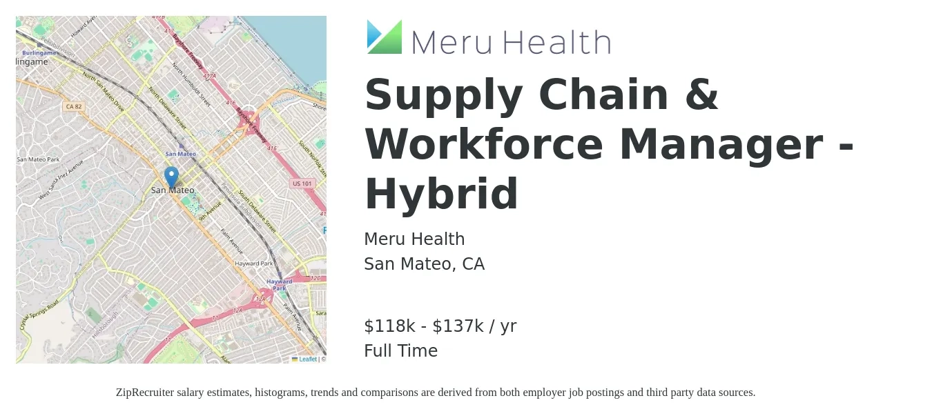Meru Health job posting for a Supply Chain & Workforce Manager - Hybrid in San Mateo, CA with a salary of $118,750 to $137,771 Yearly with a map of San Mateo location.