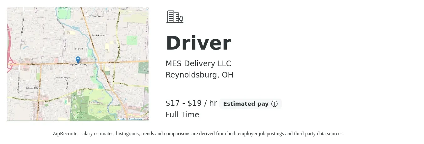 MES Delivery LLC job posting for a Driver in Reynoldsburg, OH with a salary of $18 to $20 Hourly with a map of Reynoldsburg location.