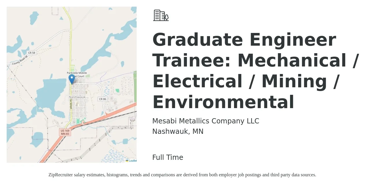 Mesabi Metallics Company LLC job posting for a Graduate Engineer Trainee: Mechanical / Electrical / Mining / Environmental in Nashwauk, MN with a salary of $63,700 to $104,400 Yearly with a map of Nashwauk location.