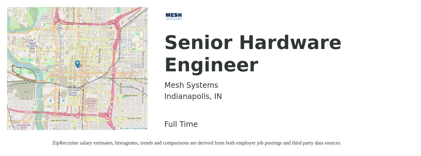 Mesh Systems job posting for a Senior Hardware Engineer in Indianapolis, IN with a salary of $105,600 to $141,000 Yearly with a map of Indianapolis location.