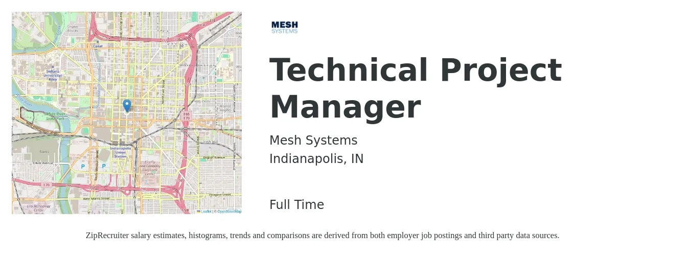 Mesh Systems job posting for a Technical Project Manager in Indianapolis, IN with a salary of $91,800 to $128,600 Yearly with a map of Indianapolis location.