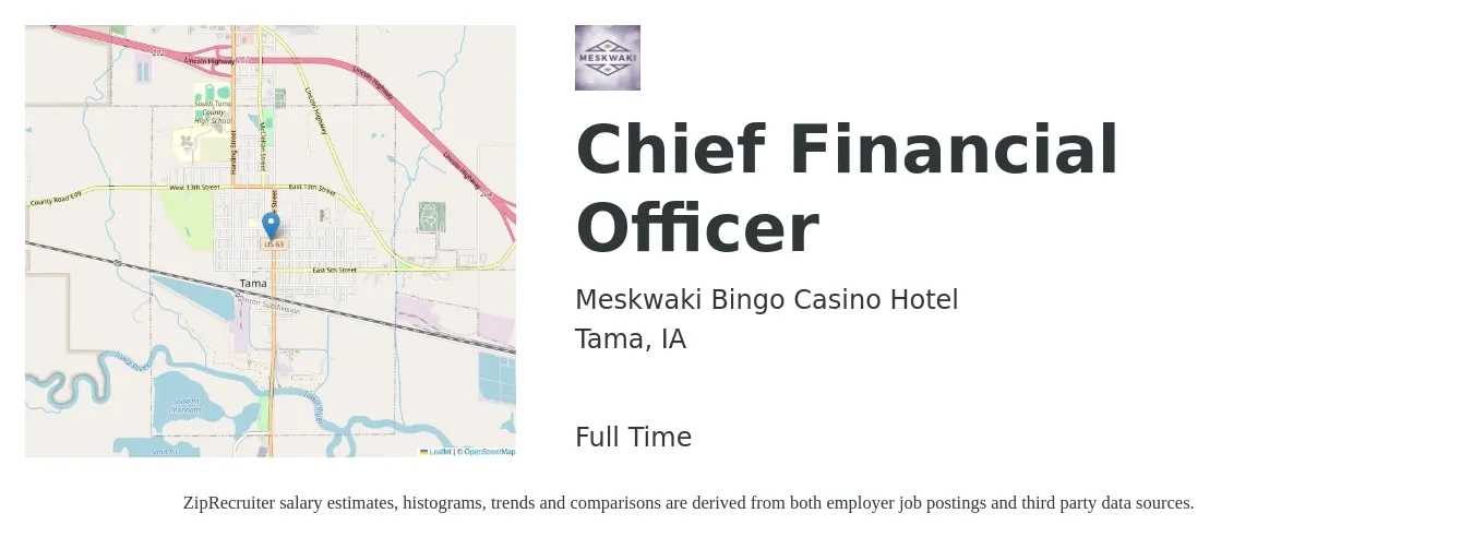 Meskwaki Bingo Casino Hotel job posting for a Chief Financial Officer in Tama, IA with a salary of $117,700 to $334,000 Yearly with a map of Tama location.