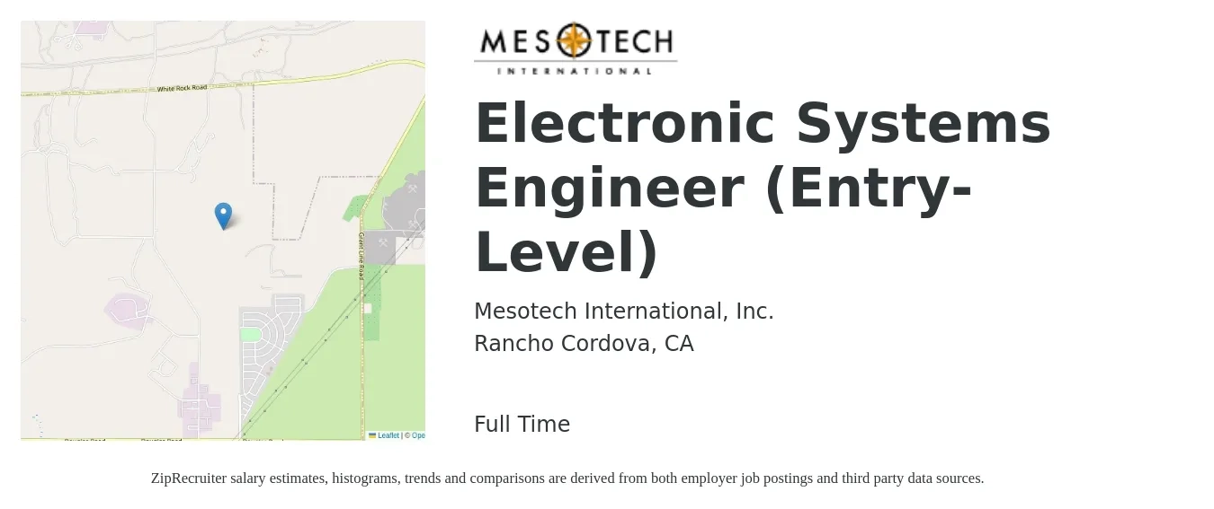 Mesotech International, Inc. job posting for a Electronic Systems Engineer (Entry-Level) in Rancho Cordova, CA with a salary of $60,000 to $70,000 Yearly with a map of Rancho Cordova location.