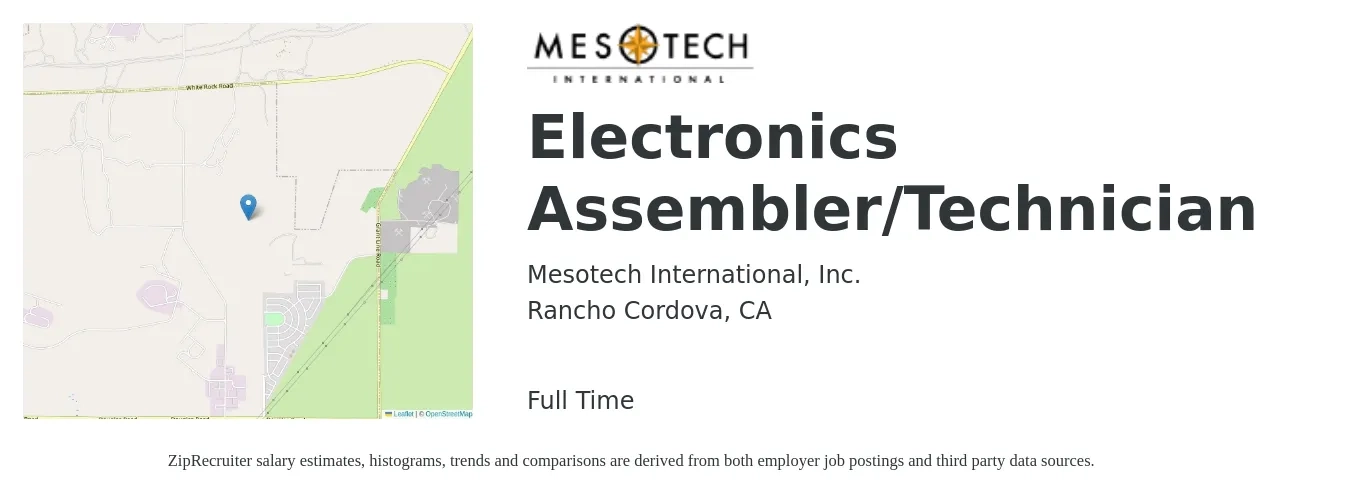 Mesotech International, Inc. job posting for a Electronics Assembler/Technician in Rancho Cordova, CA with a salary of $18 to $25 Hourly with a map of Rancho Cordova location.