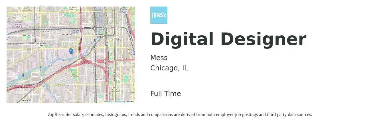 Mess job posting for a Digital Designer in Chicago, IL with a salary of $28 to $42 Hourly with a map of Chicago location.