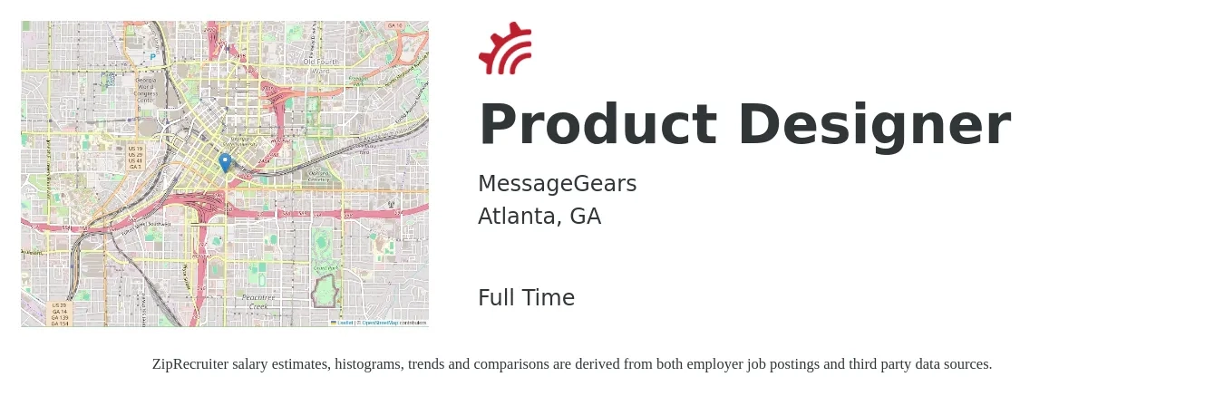 MessageGears job posting for a Product Designer in Atlanta, GA with a salary of $126,000 to $149,100 Yearly with a map of Atlanta location.