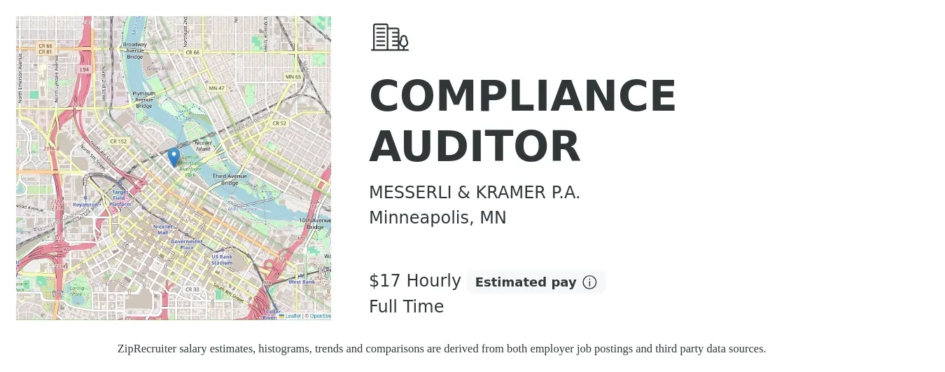 MESSERLI & KRAMER P.A. job posting for a COMPLIANCE AUDITOR in Minneapolis, MN with a salary of $18 Hourly with a map of Minneapolis location.
