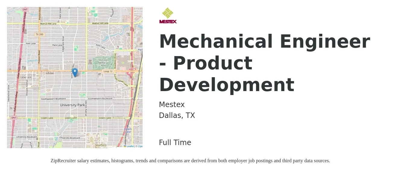 Mestex job posting for a Mechanical Engineer - Product Development in Dallas, TX with a salary of $65,900 to $91,500 Yearly with a map of Dallas location.