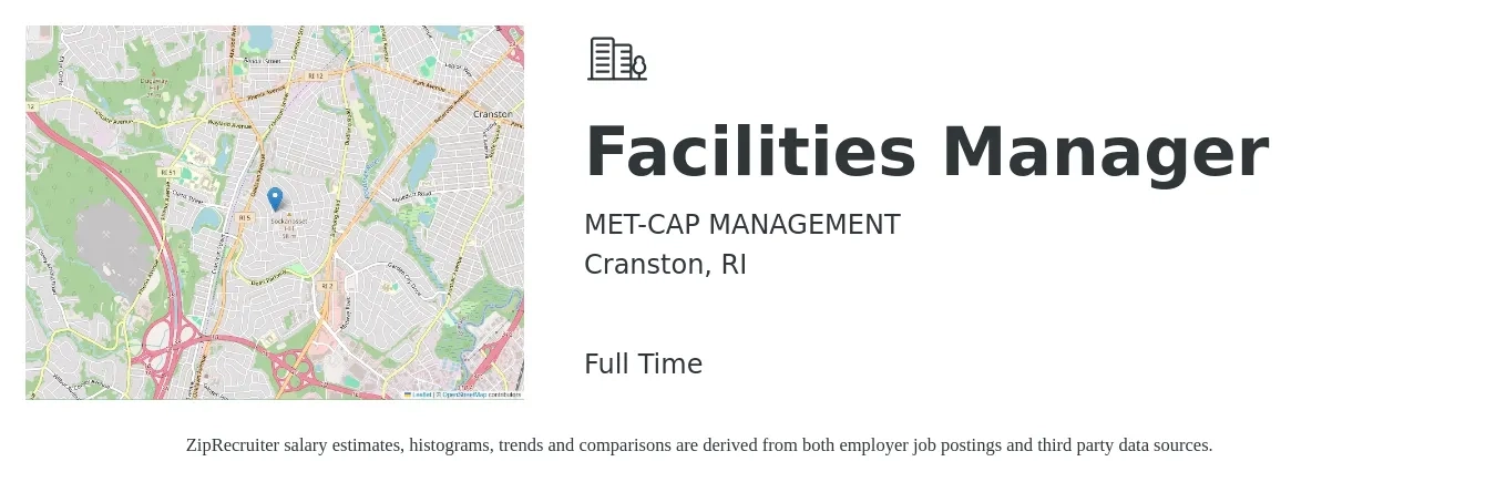 Met-Cap Management job posting for a Facilities Manager in Cranston, RI with a salary of $90,000 to $110,000 Yearly with a map of Cranston location.