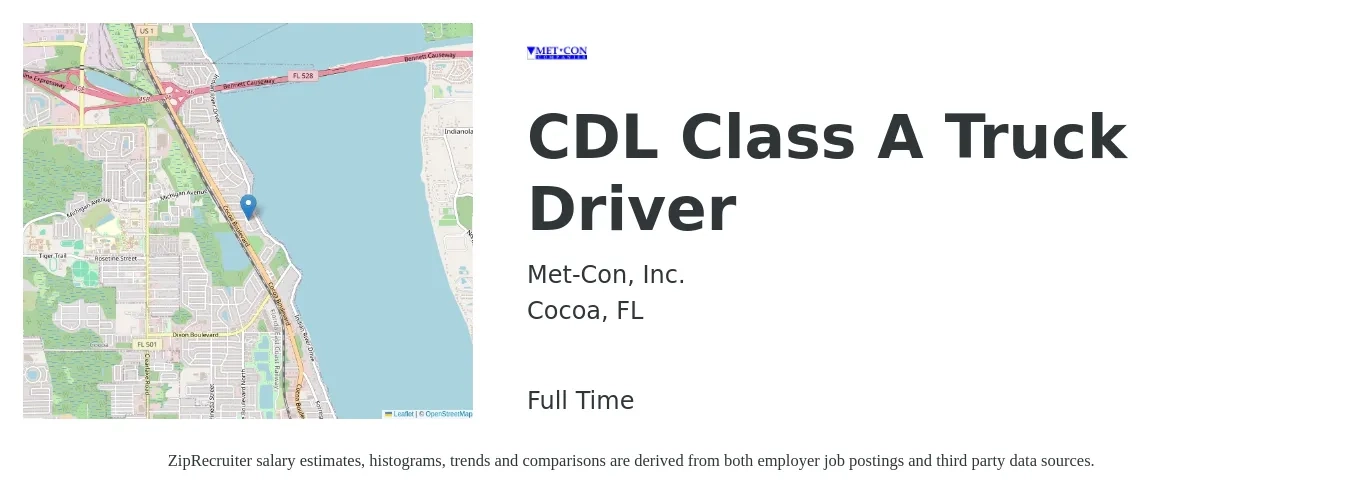 Met-Con, Inc. job posting for a CDL Class A Truck Driver in Cocoa, FL with a salary of $1,040 to $1,490 Weekly with a map of Cocoa location.