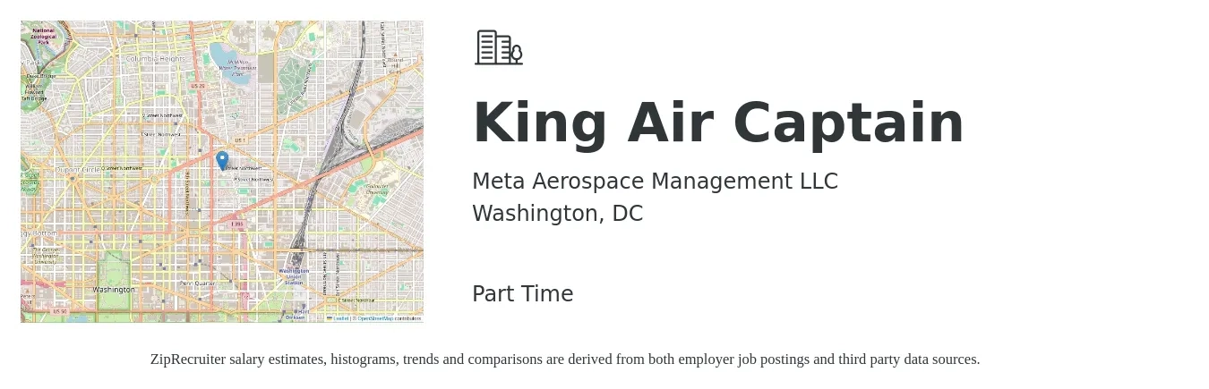 Meta Aerospace Management LLC job posting for a King Air Captain in Washington, DC with a salary of $79,000 to $146,600 Yearly with a map of Washington location.
