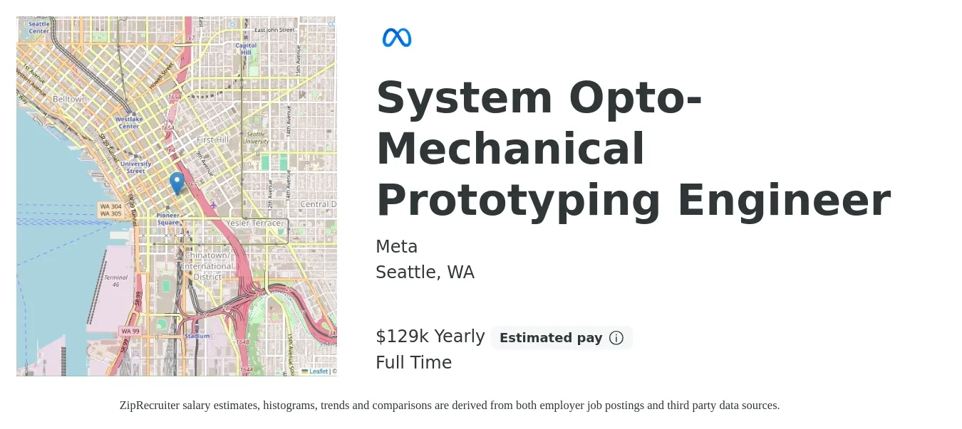 Meta job posting for a System Opto-Mechanical Prototyping Engineer in Seattle, WA with a salary of $129,000 Yearly with a map of Seattle location.