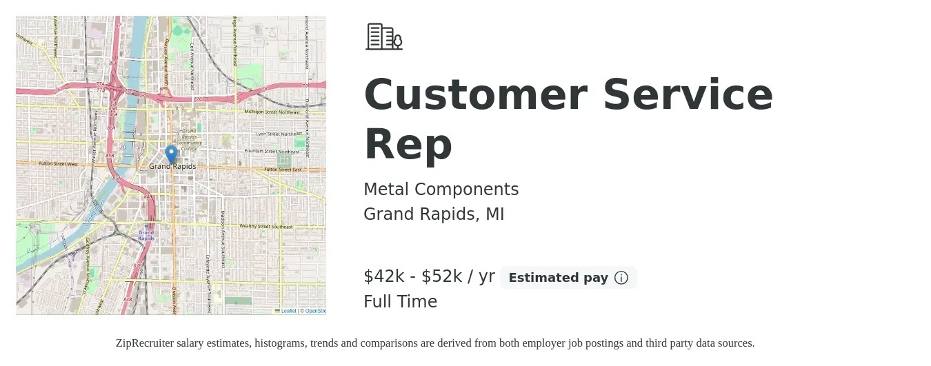 Metal Components job posting for a Customer Service Rep in Grand Rapids, MI with a salary of $42,000 to $52,000 Yearly with a map of Grand Rapids location.