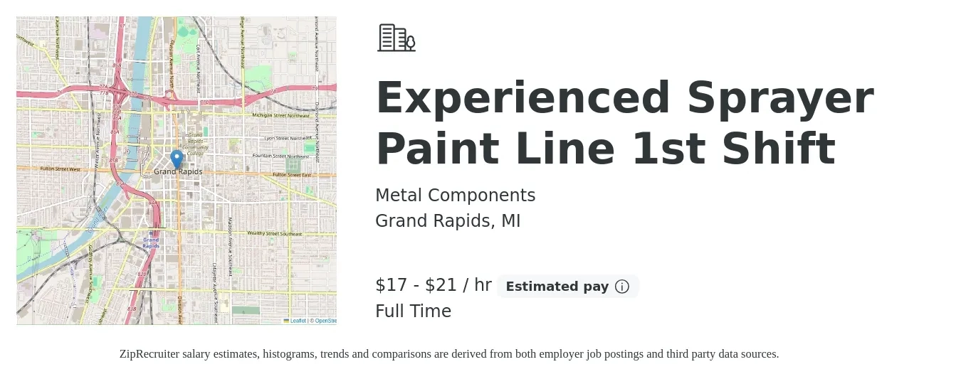 Metal Components job posting for a Experienced Sprayer Paint Line 1st Shift in Grand Rapids, MI with a salary of $18 to $22 Hourly with a map of Grand Rapids location.