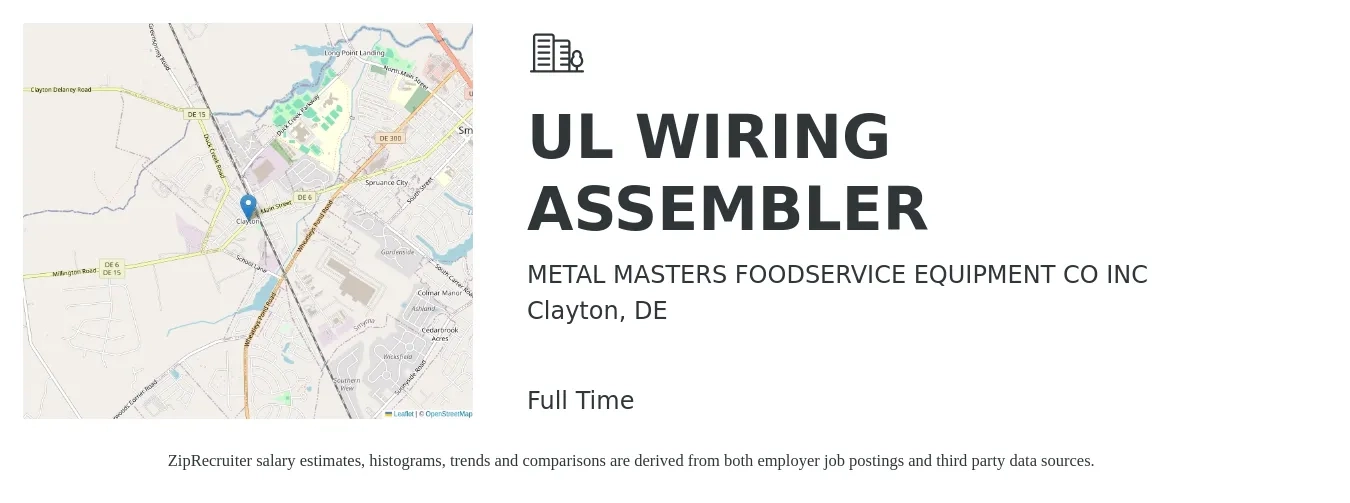 METAL MASTERS FOODSERVICE EQUIPMENT CO INC job posting for a UL WIRING ASSEMBLER in Clayton, DE with a salary of $15 to $19 Hourly with a map of Clayton location.
