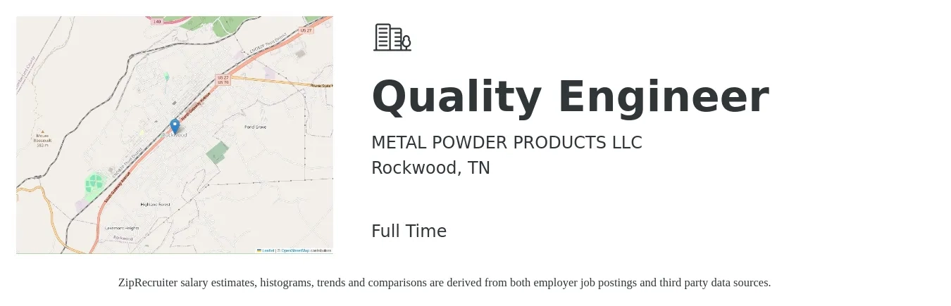 METAL POWDER PRODUCTS LLC job posting for a Quality Engineer in Rockwood, TN with a salary of $62,800 to $81,200 Yearly with a map of Rockwood location.