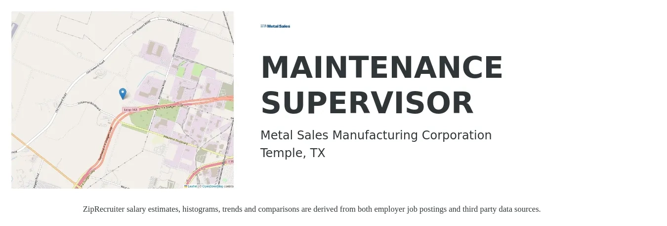 Metal Sales Manufacturing Corporation job posting for a MAINTENANCE SUPERVISOR in Temple, TX with a salary of $22 to $37 Hourly with a map of Temple location.