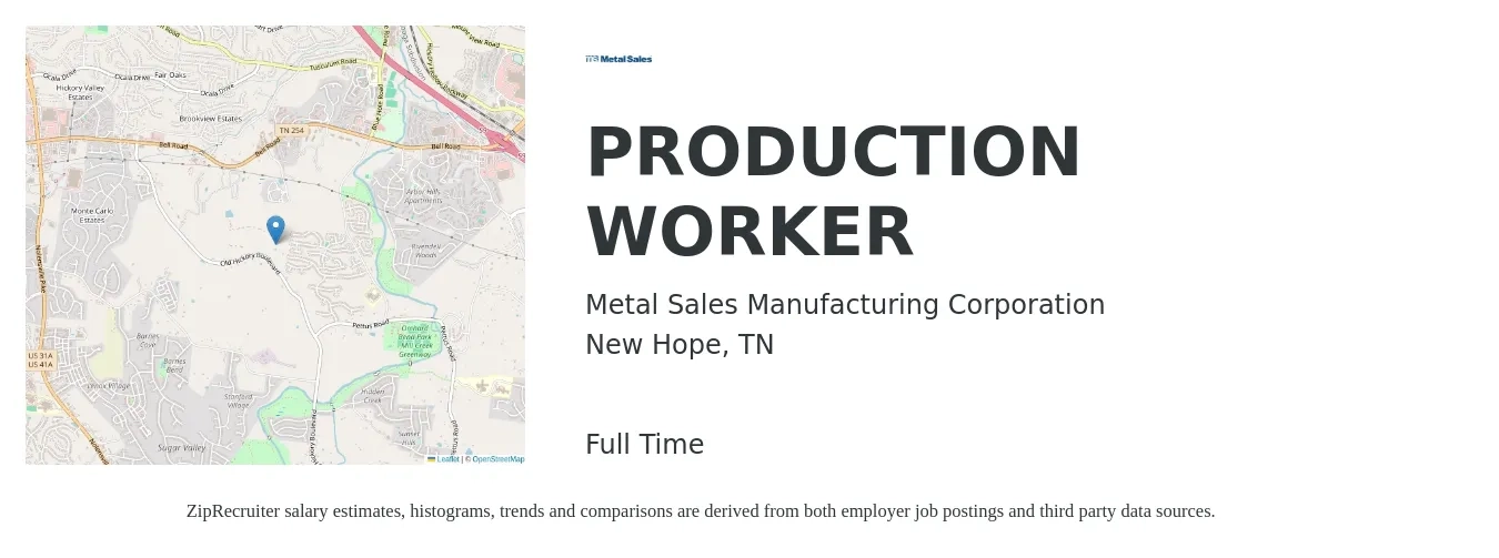 Metal Sales Manufacturing Corporation job posting for a PRODUCTION WORKER in New Hope, TN with a salary of $15 to $18 Hourly with a map of New Hope location.