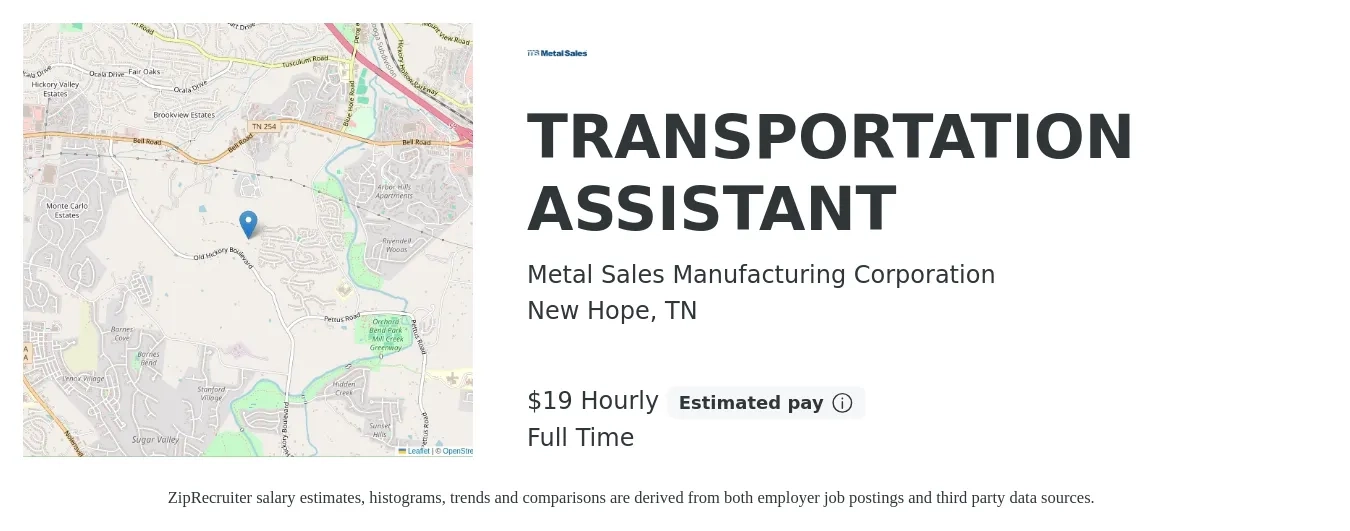 Metal Sales Manufacturing Corporation job posting for a TRANSPORTATION ASSISTANT in New Hope, TN with a salary of $20 Hourly with a map of New Hope location.
