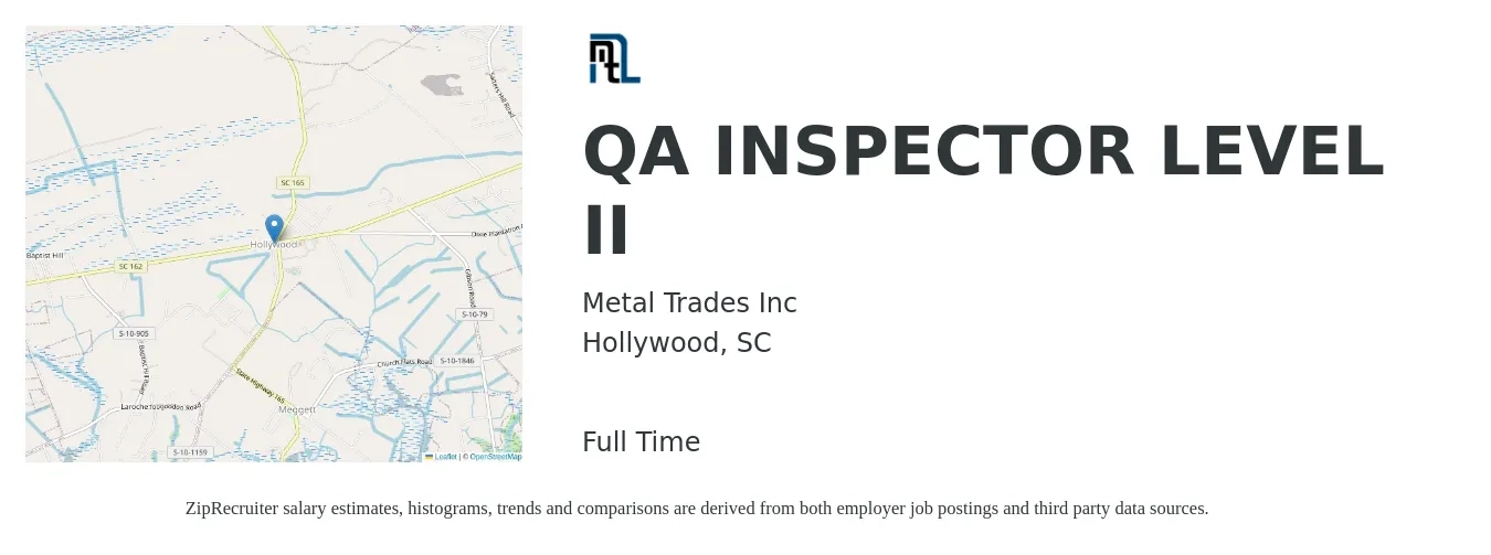 Metal Trades Inc job posting for a QA INSPECTOR LEVEL II in Hollywood, SC with a salary of $18 to $27 Hourly with a map of Hollywood location.