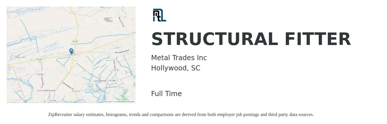 Metal Trades Inc job posting for a STRUCTURAL FITTER in Hollywood, SC with a salary of $21 to $27 Hourly with a map of Hollywood location.