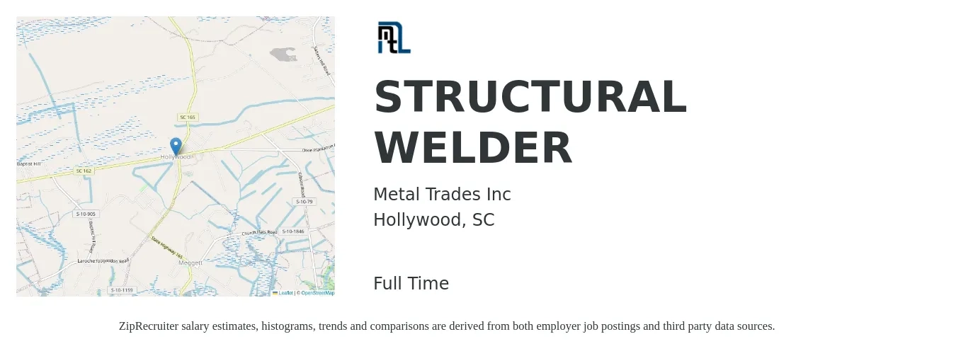Metal Trades Inc job posting for a STRUCTURAL WELDER in Hollywood, SC with a salary of $22 to $28 Hourly with a map of Hollywood location.