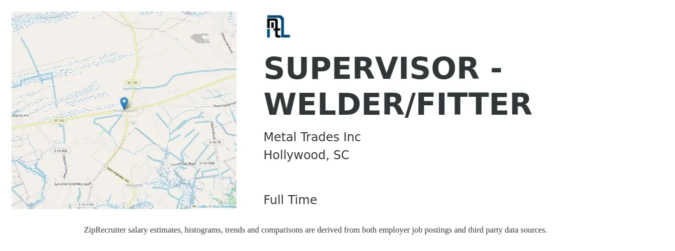 Metal Trades Inc job posting for a SUPERVISOR - WELDER/FITTER in Hollywood, SC with a salary of $21 to $27 Hourly with a map of Hollywood location.