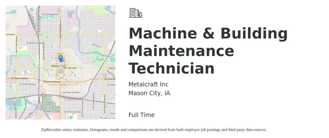 Metalcraft Inc job posting for a Machine & Building Maintenance Technician in Mason City, IA with a salary of $23 to $29 Hourly with a map of Mason City location.