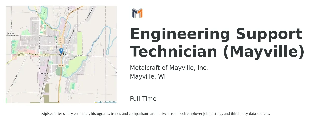 Metalcraft of Mayville, Inc. job posting for a Engineering Support Technician (Mayville) in Mayville, WI with a salary of $48,700 to $74,600 Yearly with a map of Mayville location.