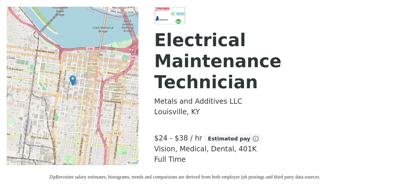 Metals and Additives LLC job posting for a Electrical Maintenance Technician in Louisville, KY with a salary of $25 to $40 Hourly and benefits including vision, 401k, dental, life_insurance, and medical with a map of Louisville location.